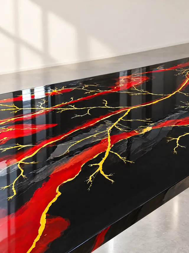 Meja resin epoksi hitam dengan aliran merah dan urat kuning seperti kilat; latar diganti