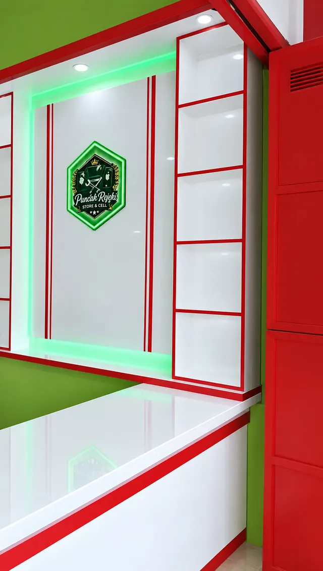 Etalase dan lemari dinding putih bergaris merah dengan lampu hijau dan papan logo toko