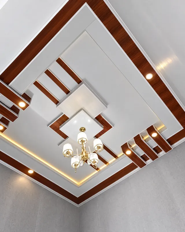 Plafon PVC putih dengan aksen motif kayu, lampu LED tersembunyi dan lampu gantung