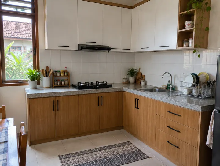 Visualisasi kitchen set bentuk L dengan kabinet bawah motif kayu dan kabinet atas putih