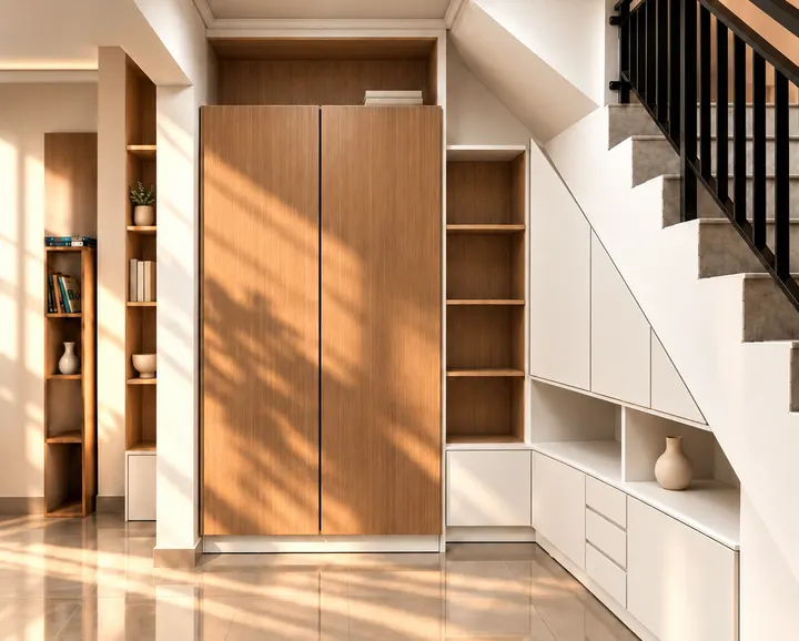 Visualisasi lemari dan rak custom berwarna kayu dan putih yang mengisi ruang di bawah tangga